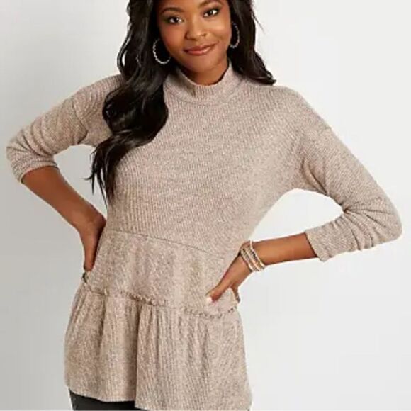 NWT Maurice’s Ribbed Mock Neck Babydoll Knit Top (Heather Taupe) - Small - Picture 1 of 9
